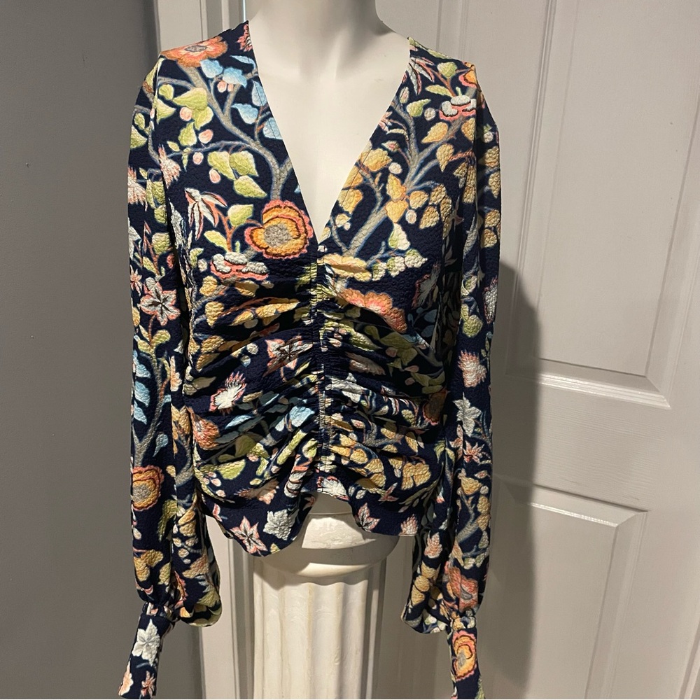 Peter Pilotto Navy Floral V-Neck Ruched Women's Top/Blouse S/US8